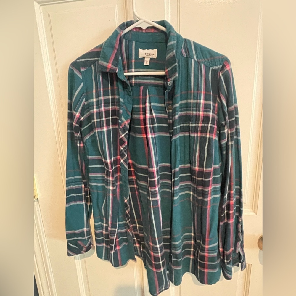 Sonoma Teal and Pink Plaid Women's Button Down Shirt